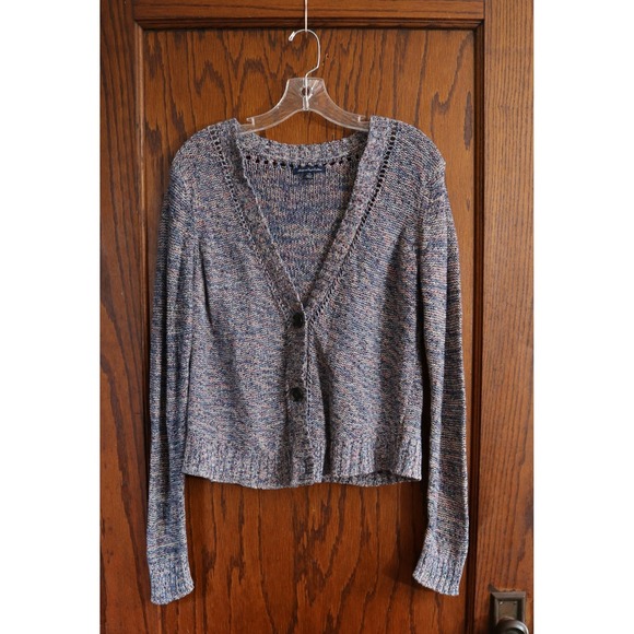 American Eagle Outfitters Sweaters - AMERICAN EAGLE Sweater Marled Knit Button Cardigan Women Large Blue Pink Crochet